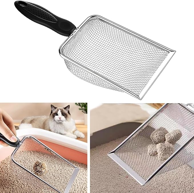 itPlus Cat Litter Scoop, Stainless Steel Cats Sturdy Mesh Scooper Kitty Metal Scooper Long Handle Scooper Shovel Sifter for All Litter Types Metal Cat Scooper for Litter Box