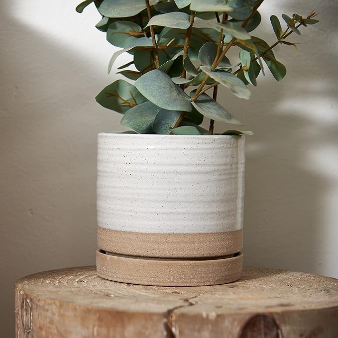 HERDUK 6 Inch Plant Pots, Ceramic Planter Pot with Drainage Hole & Saucer, Indoor/Outdoor Cylinder Round Planter Pot, White & Beige Glaze