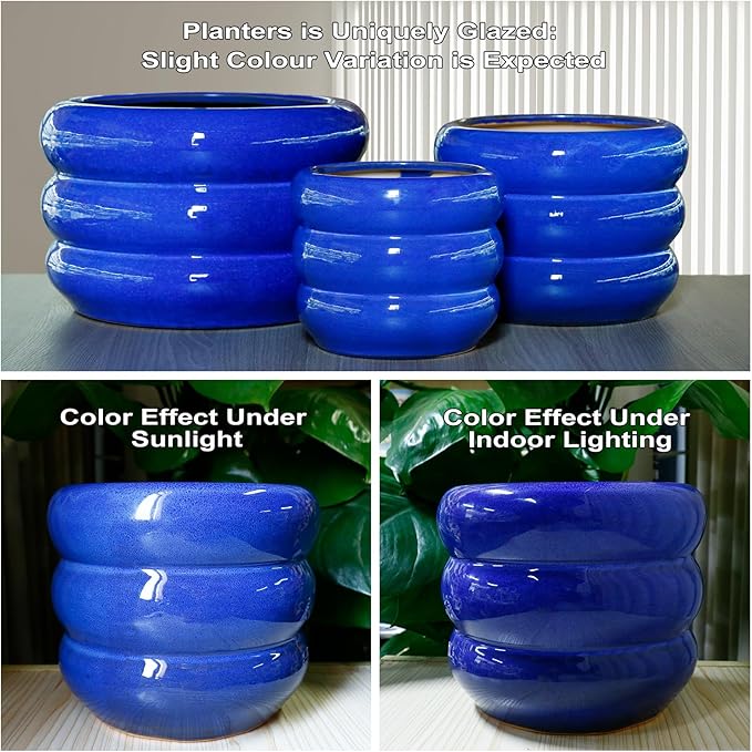SQOWL Ceramic Plant Pot - 10 Inch Planter for Outdoor Plants Indoor Plant Pot with Drainage Hole Large Planter Decorative Modern Flower Pot for Home Office Decor Blue