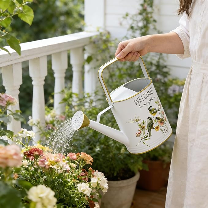 Vintage Decorative Metal Watering Can - Welcome to My Garden with Charming Bird & Floral Design, Rustic Farmhouse Watering Pot Planter for Indoor/Outdoor Plant Care