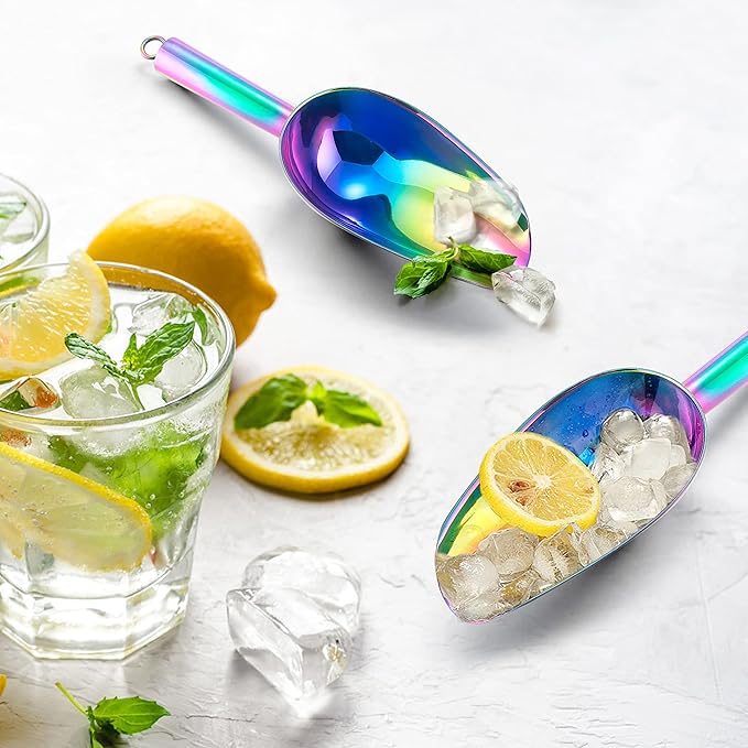 Mini Ice Scoop Set of 2, E-far 3 Ounce Rainbow Stainless Steel Scoops for Candy/Flour/Sugar, Small Metal Scoops for Party/Canisters Jars/Kitchen Bar/Ice Maker, Rust Proof & Dishwasher Safe