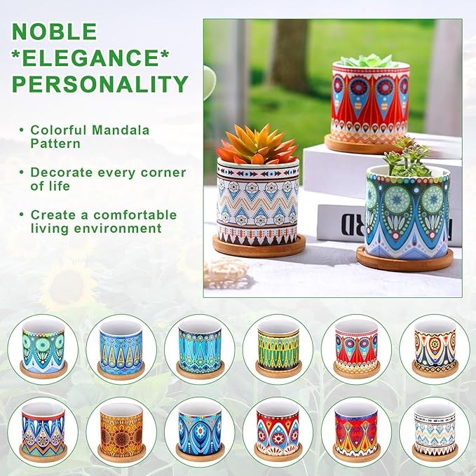 Zopeal 12 Pcs Mandala Ceramic Succulent Pots with Bamboo Trays, Colorful Boho Spring Decor Planters, Small Cactus Plant Pots for Desk Shelf Windowsill, Fiesta Home Decor