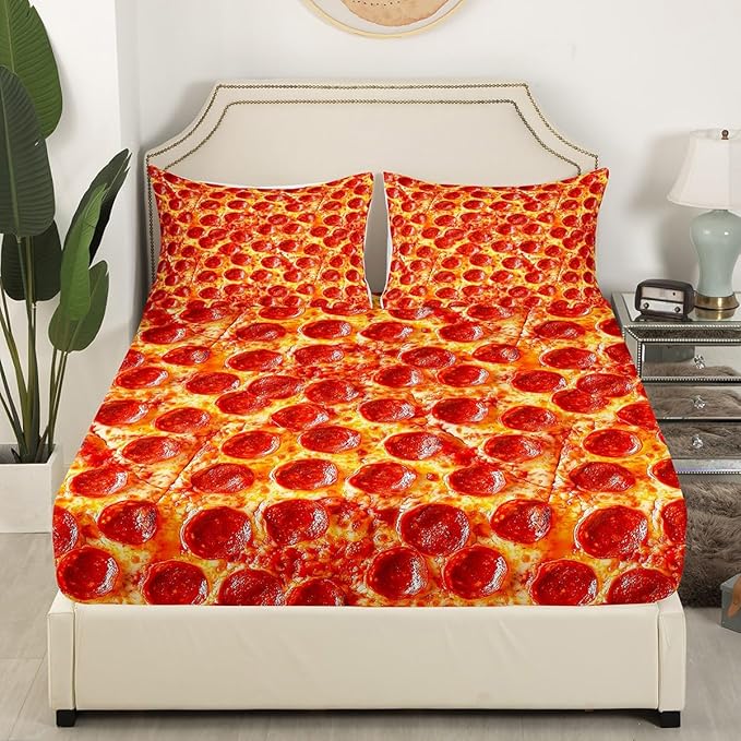 Feelyou Twin Bed Sheets Set for Kids Bedroom Decor Pizza Sheet Set Pepperoni Be Print Bedding Set Soft Lightweight Funny Delicious Pizza Theme Bed Cover with Flat Sheet, Fitted Sheet, Pillow Case