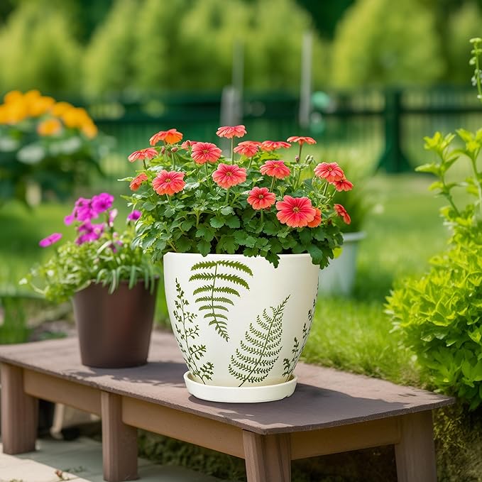 MPotTo Ceramic Planter - 10 Inch Plant Pot for Outdoor Flowers with Drainage Hole and Saucer, Boho Round Decorative Indoor Flower Pot, Gifts for Plants Lovers, Home Patio Garden Room Decor, White