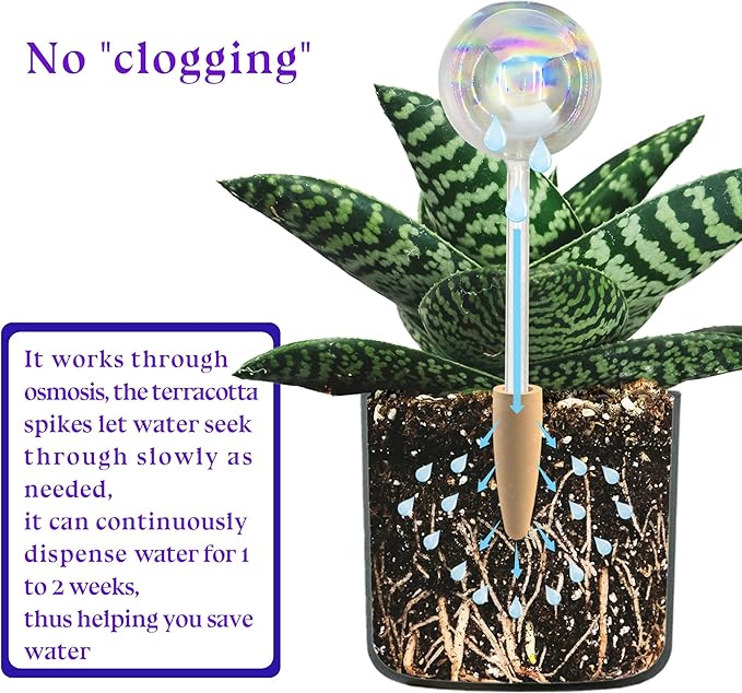 HyJeryty Non-Clogging Iridescent 3 Pack Ball Plant Watering Globes with Terracotta Spikes, Hand Blown Glass Self Watering Planter Insert Plant Watering Devices Bulbs for Indoor and Outdoor Plants