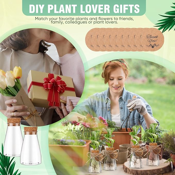 Baderke 24 Pack 3.35'' Plastic Plant Propagation Stations with Hole Lid Planter Vase Clear Propagation Jars with Thank You Tags for Plant Lover Gifts for Women Office Home Garden