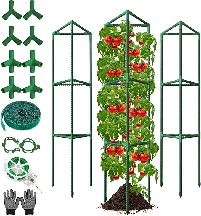 3 Pack Tomato Cages for Garden, 46.85Inches Tall Tomato Plant Support Stakes Adjustable Heavy Duty Steel Plant Tower Stakes, Updated Cucumber Trellis Garden Cages for Climbing Vegetable Flowers Fruits