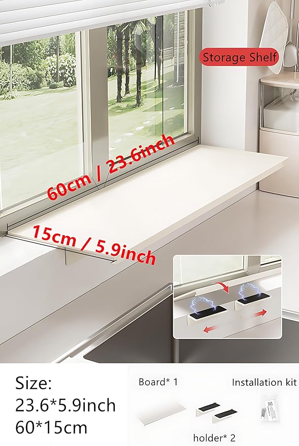 23.6inch Window Sill Extender Plate, Kitchen Organization Storage Rack with Magnetic Base, Carbon Steel Storage Shelf, Window Sill Extender for Plants(60x15cm/23.6x5.9in)