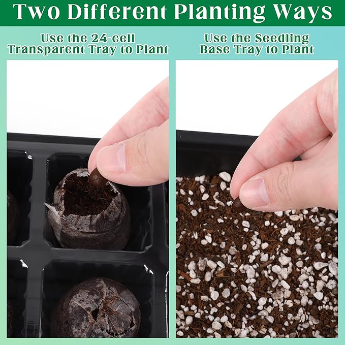 Hahood 4 Sets Seed Starter Tray Kit Germination Starter Tray with Humidity Dome and Base Include 100 Peat Pellets 100 Plant Labels Garden Tools Plastic Plant Growing Trays for Greenhouse Garden, Black