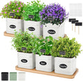 LemonRoad 6 Pcs Indoor Herb Planter Window Herb Pots for Kitchen with Drainage Hole and Bamboo Tray Farmhouse Metal Garden Planter Pot with DIY Label Mom Plant Gift(White,Square)