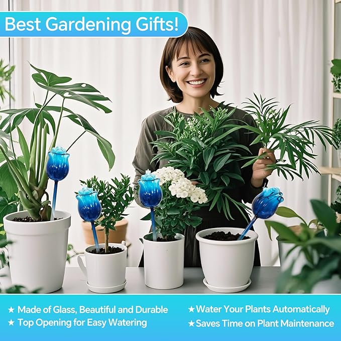 Large Plant Watering Globes Set of 3-10 oz Indoor/Outdoor Large Self Watering Globes Planter Insert, for Mother/Father/Friend/Plant Enthusiasts (Blue Rose)