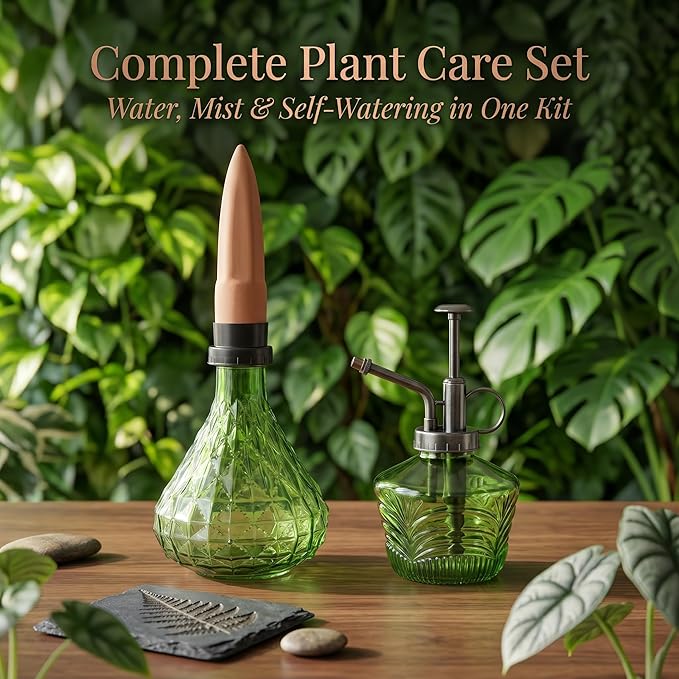 Glass Mini Watering Can Vintage Plant Mister Flower Water Spray Bottle and Faceted Glass Plant Watering Globe with Terracotta Spike, Plant Watering Gift Set,Green