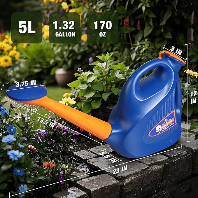 WADFOW 1.32 Gallon Watering Can for Indoor & Outdoor, Watering Cans with Detachable Nozzle, Long Spout Watering Can for Indoor Plants Garden Flowers, 5L/170OZ