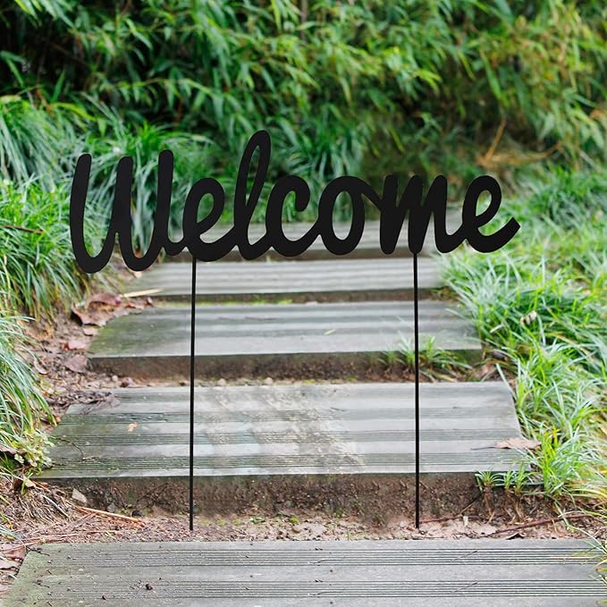 Metal Letters Garden Stakes Yard Art Word Sign Lawn Decoration Indoor Outdoor Plant Pot Decor Decorative Stick for Patio Pathway Flower Bed (Welcome)