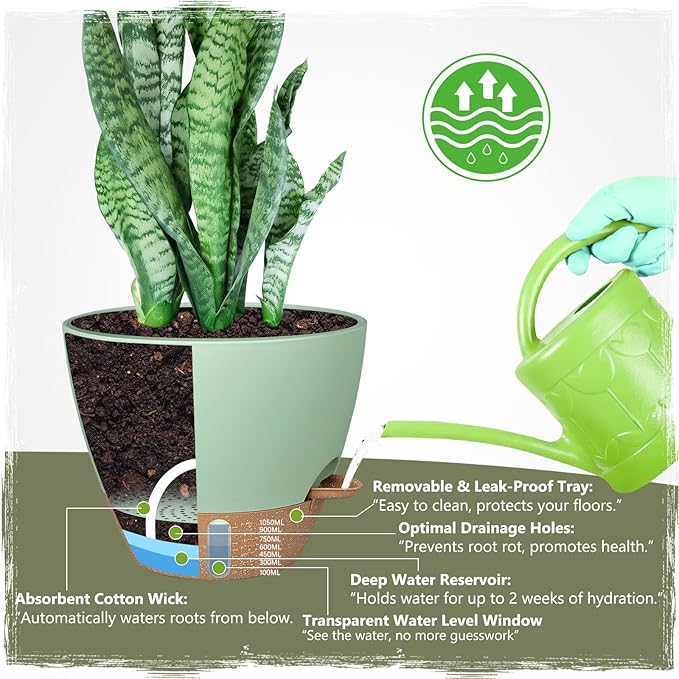Self-Watering Pots for Indoor Plants 4 Pack, 6/8/10/12 Inch Outdoor Planters with Water Level Indicator & Deep Reservoir, Decorative Flower Pots for Home Decor (Green, 12+10+8+6 Inch)