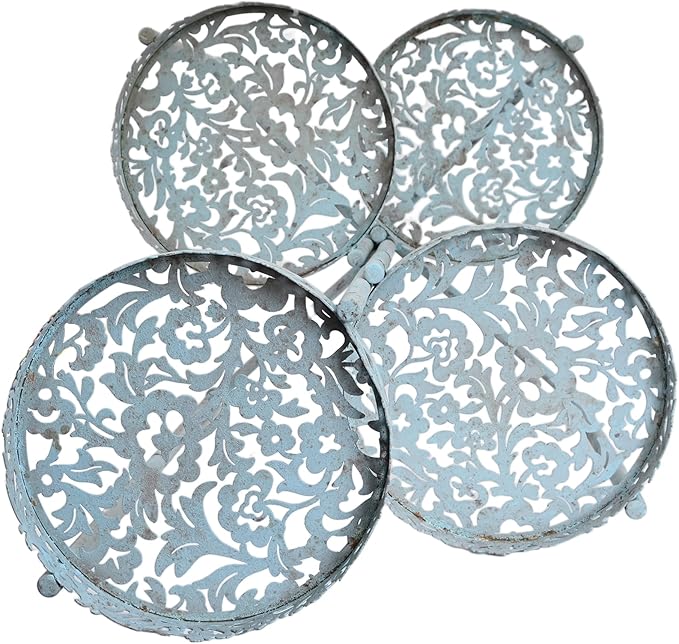 4 Tier Vintage Corner Plant Stand for Indoor Outdoor Distressed Metal Flower Pot Holder Shelves with Ornate Cutout Edges Multi-Level Planter Rack Display Corner Shelf Antique Foldable Tall Plant Shelf for Patio Porch Garden Balcony Living Room (Blue)