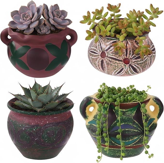 4 Pcs Ceramic Plant Pots, 5.1/4 / 5.2/3.9 in Small Succulent Pots with Drainage Hole, Decorative Flower Pots, Bohemian Style Indoor Pots Set for Home Decor
