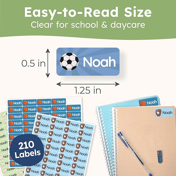Personalized Name Labels for Kids (210 Labels) - Durable & Waterproof Custom Name Stickers for Clothing Tags, School Supplies, Camp & Daycare - League (1.2”x0.5”)