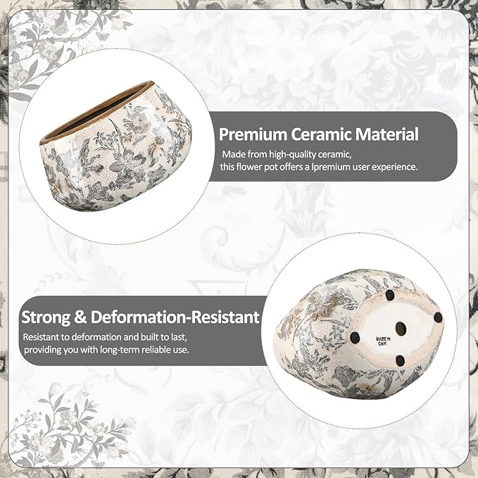 7.8 Inch Large Vintage Ceramic Planter Ice Crack Glaze Gray Lily Floral Flower Pot with Drainage Hole Rustic Decorative Plant Pots Gifts for Home Kitchen Office Indoor Outdoor Plants