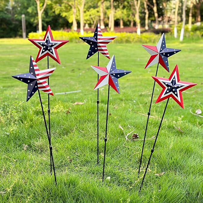 6 Pcs 4th of July Decorations Outdoor,22" Patriotic Metal Barn Stars Decorative Garden Stakes for Independence Day,Americana Patriotic Yard Signs Decor for Garden Lawn Porch