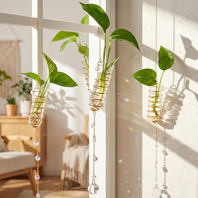 H&D HYALINE & DORA 6 Pcs Hanging Propagation Station with Crystal Ball Prisms Suncatcher and Cleaning Brush, Glass Wall Vases Crystals Prism Hanging Decor for Windows Home Wedding Decoration(Golden)