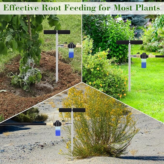 Caulimo Deep Root Watering Tool for Trees, Tree Watering Spike with Fertilizer Bottle, Stainless Steel Root Feeder for Garden, Orchard & Shrubs, Tree Irrigation System with Brass Valve|T-Handle