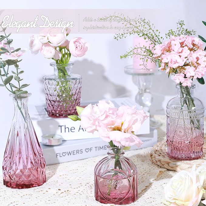 TBWIND Pink Day Glass Bud Vase Set of 5, Small Flower Vases for Centerpieces in Bulk, Mini Vintage Vase for Wedding Decor, Single Flowers, and Home Table Décor