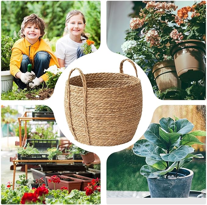 Rattan Planter, Woven Plant Basket, Seagrass Pot Rustic Woven Planter, Decorative Flower Pot with Sturdy Handle, Natural Decorative Storage, for Plants Indoor Balcony Garden Yard Living Room