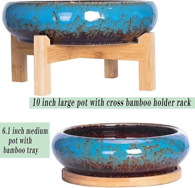 ARTKETTY Succulent Pots - 7.3/10 Inch Large Plant Pot Set of 2, Ceramic Bonsai Pot with Drainage Tray Shallow Planters for Indoor Succulents Glazed Cactus Flower Plant Container