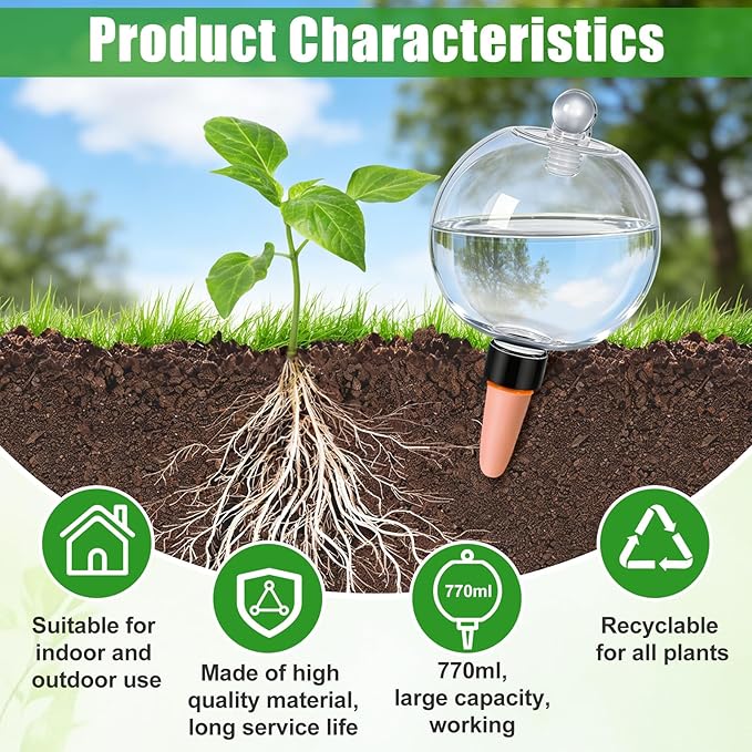 26 oz Extra Large Plant Self Watering Globes Top Fill - Upgraded Plastic Water Bulbs, Slow Release Terracotta Self Watering Planter Insert, Plant Watering Devices System, Water Spikes Stakes, 4 Pack