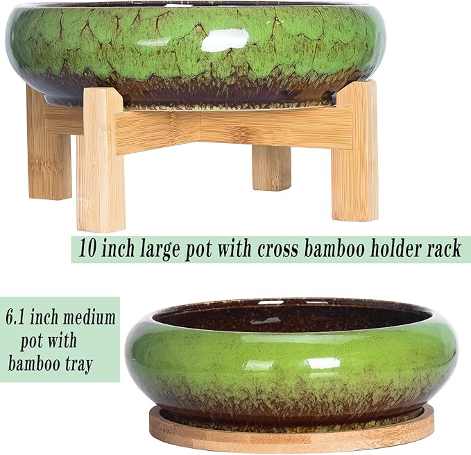 Succulent Planters, Large Succulent Pots with Drainage Bamboo Trays Colorful Bonsai Pots with Stand Ceramic Flower Pot Set of 2, Round Cactus Pot for Indoor Plants (7.3 and 10'')