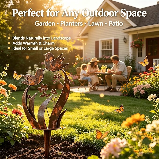 Bird & Wildflower Metal Garden Stake, Decorative Plant Stakes with Floral Design Handmade Flower Shaped Sculpture, Rustic Garden Art Decor Gift for for Flower Bed Planters Patio & Lawn Lovers(1PC)