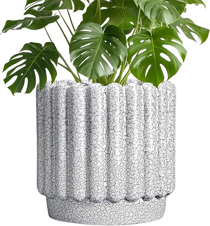 Ceramicfor Ceramic Flower Pots - 9.6 Inch Indoor Planter, Decorative Ceramic Plant Pots with Drainage Hole, Fluted Round Large Planter Outdoor, Living Room Decor, Gifts for Women Men, Black and White
