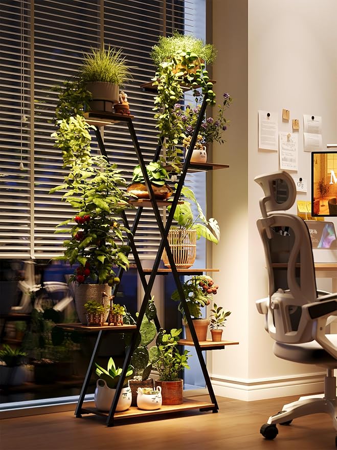 Lighted Plant Stand with Grow Lights – Tall Large Tiered Metal Corner Shelf Rack for Multiple Indoor Living Room Flower