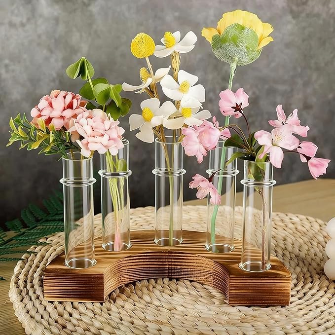 Plant Propagation Station with Wooden Stand, Glass Propagation Vase for Plants, Plant Terrarium Birthday Gifts for Women Mom Plants Lovers, Home Office Garden Decor, 5 Glass Tubes
