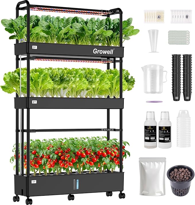 Growell Large Basket Hydroponics Growing System Kit, 48 Pods Vertical Hydroponic Garden with 2 Grow Light Modes, Auto Circulating Water System, 40L Indoor Gardening System for Herb Vegetable Fruit