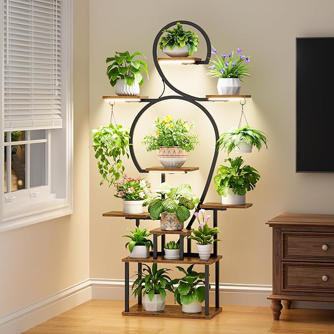 POZILAN Plant Stand Indoor with Grow Lights, 63'' Tall Indoor Plant Shelf, 9 Tiered Lighted Plant Stands for Living Room, Metal & Wood Corner Large Flower Holder for Alcony, Patio & Home, Black