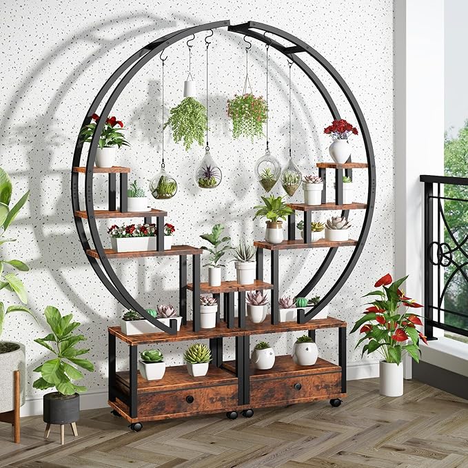 2 Pcs 6 Tier Tall Metal Indoor Plant Stand with Detachable Wheels,Half-Moon-Shaped Plant Shelf Holder with Drawer,Multi-Purpose Plant Stands for Home Decor,Balcony,Patio,Garden,Rustic Brown