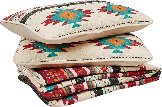 Chezmoi Collection 3-Piece Southwestern Geometric Tribal Quilt Set - Multicolor Cream Red Teal Orange Lightweight Quilted Bedspread Set, Queen (100" x 95")