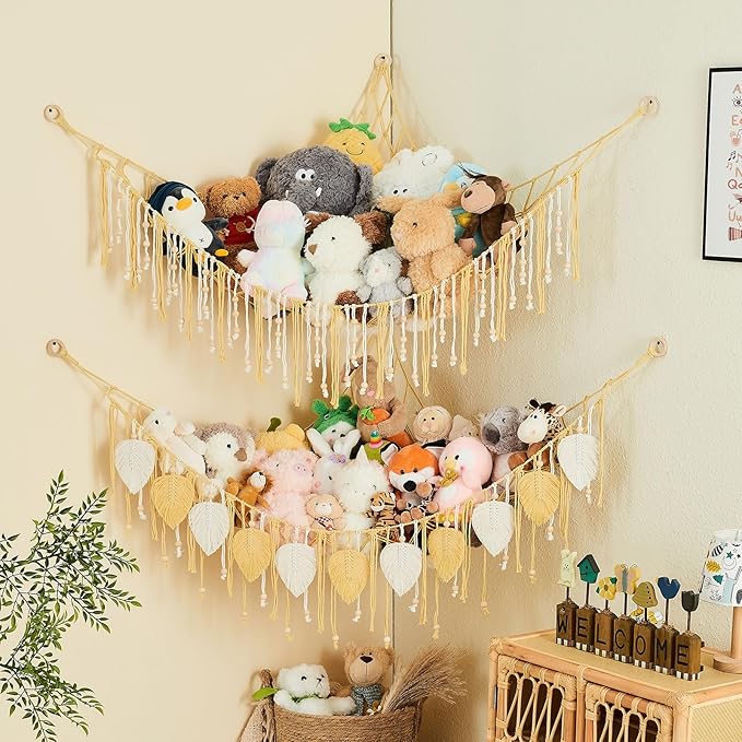 Pretty Jolly Macrame Stuffed Animal Hammock with Beads Hand Woven Leaf Tassels Corner Hanging Net Boho Plush Holder for Kid Room Nursery Decor Easy Install Organizer for Girls Gift(Yellow)