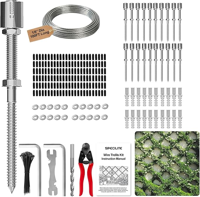 SPECILITE Wire Trellis for Climbing Plants Outdoor, 20-Set T316 Stainless Steel Wall Trellis Kit, 1/8in x 100ft Ropes with Cable Cutter, Espalier System for Fence Wall and Garden DIY