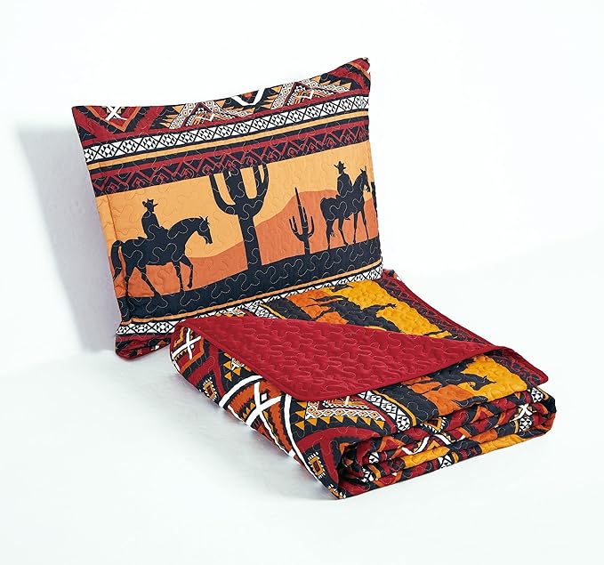 Chezmoi Collection Rodeo 3-Piece Southwestern Sunset Cowboys Quilt Set Full - Multicolor Red Orange Black White Printed Microfiber Lightweight Bedspread Set for All Season