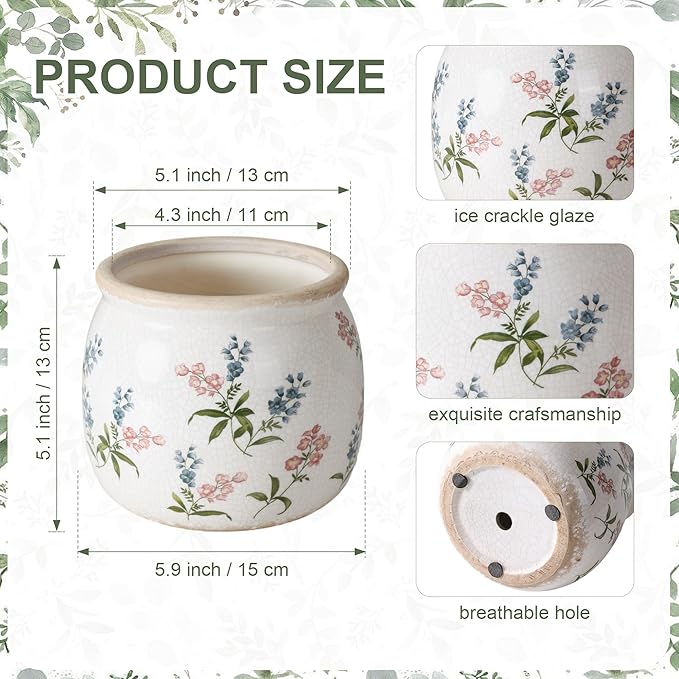 DREAMLOOM Vintage Ceramic Planter for Indoor Plants,6.1" Ice Crack Cottage Scroll Vase Tuscan Decor Flower Pots with Drainage Holes Home Kitchen Farmhouse Antique Decorative Gift (Red-Round)