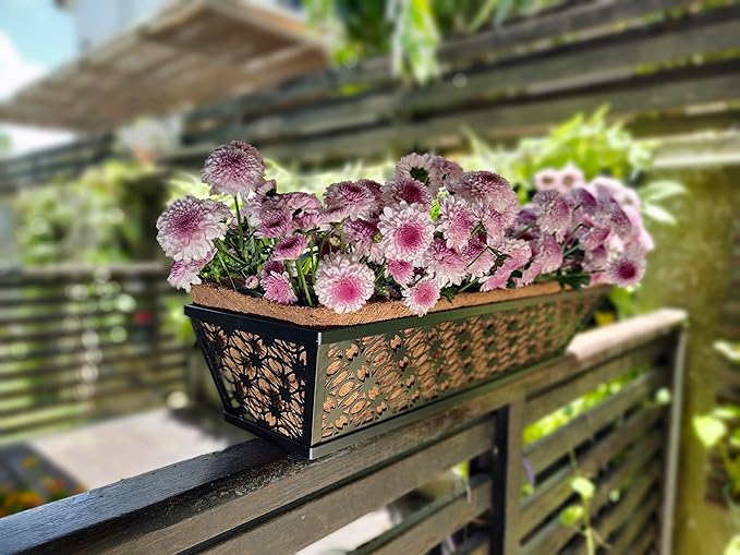 Maxona Window Boxes Planters to Attach to House, 4 Pack, 24 inch, Wall Planter for Outdoor Plants with Coco Liner, Black Metal Flower Basket Balcony Garden Fence Rail Railing Deck Patio Porch Décor