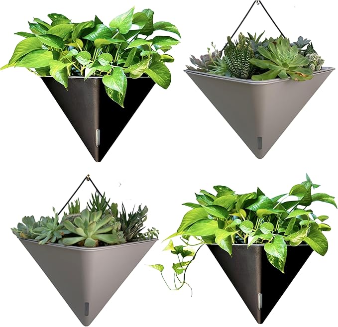 LaLaGreen Wall Planters - 4 Pack, 12 Inch Large Self Watering Black and Gray Mixed Color Geometric Indoor Vertical Garden Plant Wall Hanging Flower Vase Vessel with Black Metal Hanger Modern Stylish