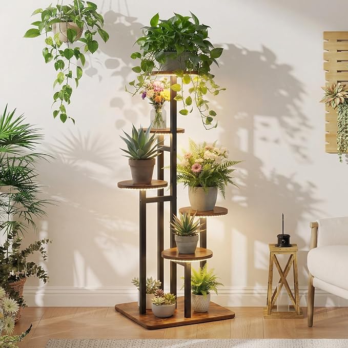 5 Tier Plant Stand Indoor with Grow Light, Tiered Plant Stands for Indoor Plants Multiple, Corner Flower Stand for Living Room, Multi-Layer Vintage Design Plant Shelf