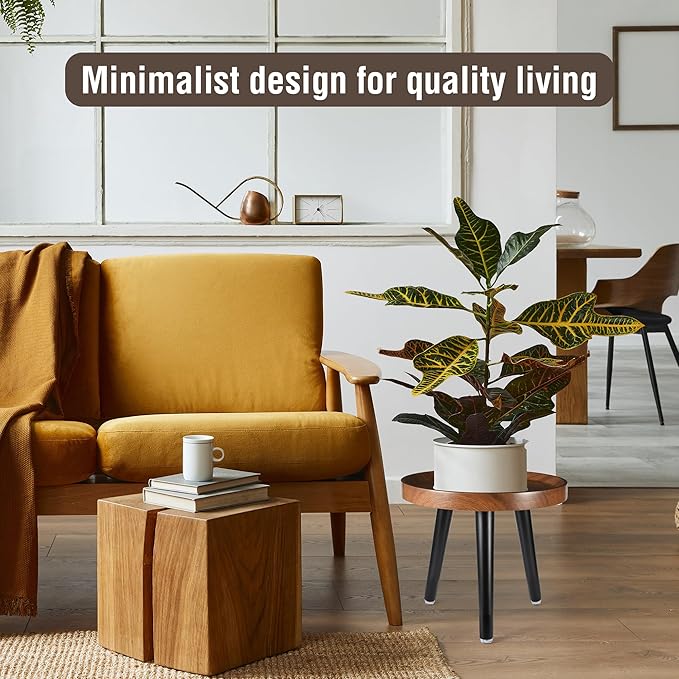 KGPLOME Indoor Plant Stand,Wood Mid Century Plant Table in Walnut Finish,Tall Plant Stand for Flower Pot,Modern Round Small Side End Table with Raised Design (Walnut, 12"x10.8")