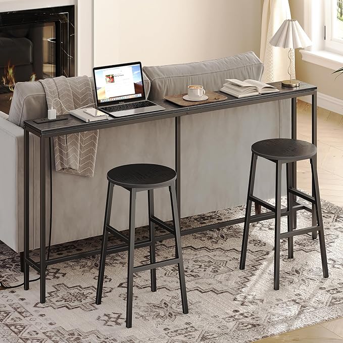 MAHANCRIS Bar Stools, Set of 2 Round Bar Chairs with Footrest, 24.4 Inch Kitchen Breakfast Bar Stools, Industrial Bar Stools, Easy Assembly, for Dining Room, Kitchen, Black BAHB0201