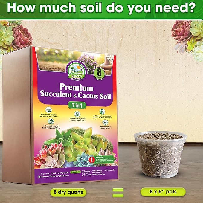 DUSPRO Succulents Soil Potting Mix – 7 in 1 Ingredients Well-Draining, Nutrient-Rich Cactus Potting Soil for Succulents and Cacti, Indoor & Outdoor Use, Ready to Use, Supports Healthy Root Growth, 8QT