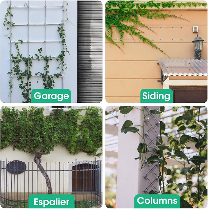 Wire Trellis Kit for Climbing Plants Outdoor - 20-Set Wall Mounted Trellis with 98Ft x 1/8" T316 Stainless Steel Rope, Heavy Duty Garden Wire Trellis System for Espalier & Vertical Gardening